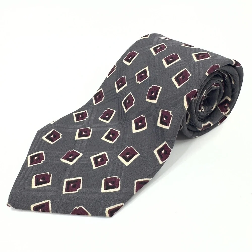 Polo Ralph Lauren Vintage Silk Tie Grey Burgundy Red Geometric Pattern USA Made